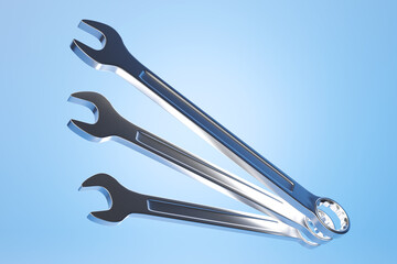 3D illustration of a   silver  wrench  hand tool isolated on a monocrome background. 3D render and illustration of repair and installation tool