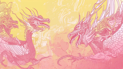 Fototapeta na wymiar Pink dragons on a yellow backdrop