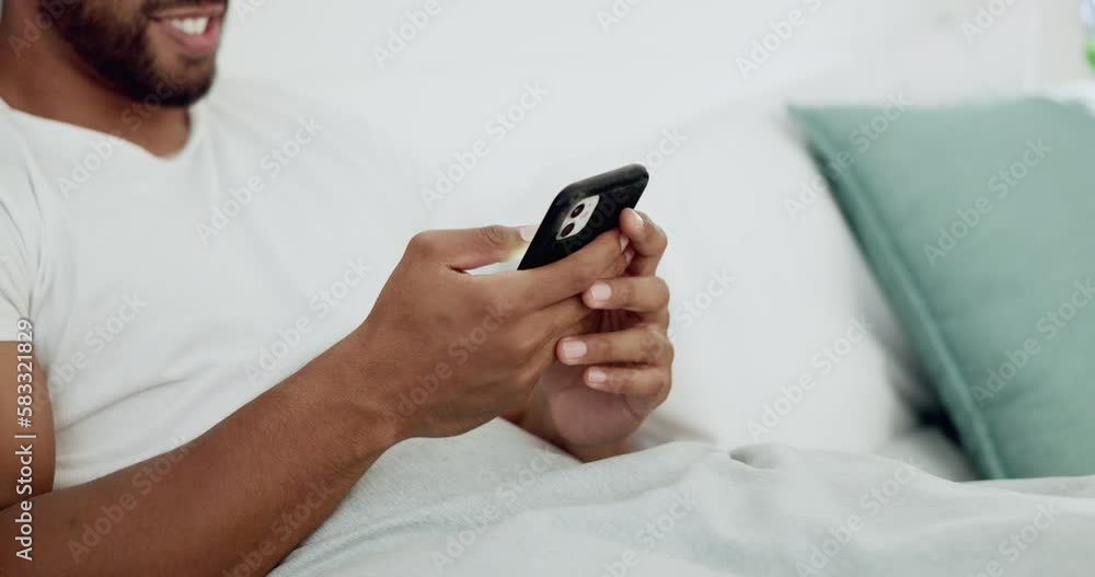 Poster typing, bed and hands of a man with a phone for social media, communication and chat. contact, inter