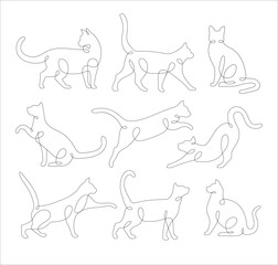 Set of Cats in one line drawing style. Abstract and minimalist cat icon set collection. Contunuous line drawing of cat. Vector illustration