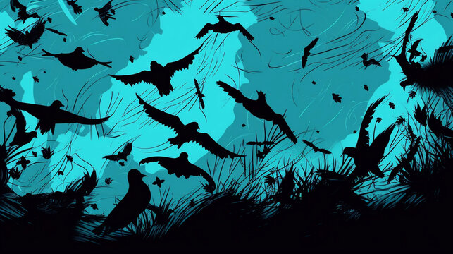 Black bird silhouettes flying on an abstract cyan background