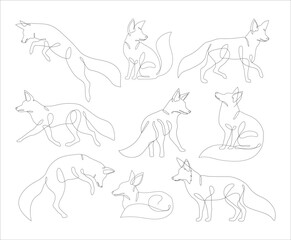 Fox in line art and abstract icon set. Collection of Fox wall art decoration design. Abstract and minimalist outline fox icon set. Continuous one line drawing of a fox collection. Vector illustration