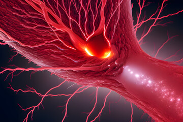 Electric discharge between red blood cells erythrocytes in an artery on dark background. Generative AI