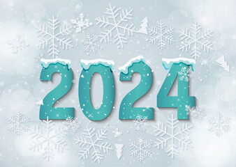 Happy new year 2024 snowy background. Happy Holidays medical banner with snowflakes and dental instruments on blue sparkling background.