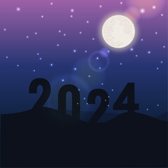 2024 over the precipice at amazing Moon Night. New Year's concept. Symbol of starting and welcoming a happy new year 2024. People enter the year 2023, creative idea