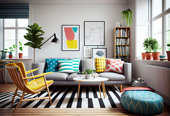 Interior design of a Scandinavian style living room with bold pops of color, playful and lively vibe, comfortable and colorful sofa with pillows, armchairs and rugs | Generative Ai | Indoor décor