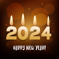 2024 New Year holiday party celebration, greeting card vector illustration. 3D realistic golden New Year text and golden candles of 2024 New Year with confetti are burning in the background.