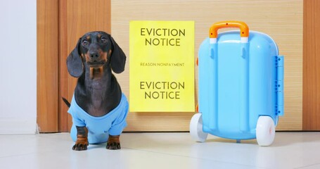 Poor dachshund puppy in blue T-shirt is barking while sitting next to packed bag on wheels at door, on which there is an eviction notice due to non-payment, low-angle front view.