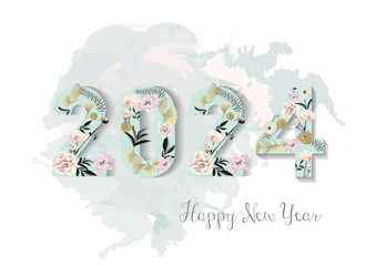 Happy New Year 2024 with watercolor flowers and a lot of leaves background