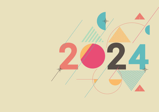 Happy New Year 2024 Greeting banner logo design illustration, Creative concept design template with colorful Geometric design