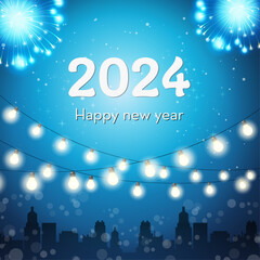 Merry Christmas and Happy New Year Abstract background with bright lights and blue fireworks. Vector illustration