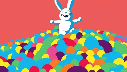 Easter bunny and easter eggs, rabbit smiling, colorful eggs stacked, happy joyful celebrating holiday, vibrant colors, generative ai 