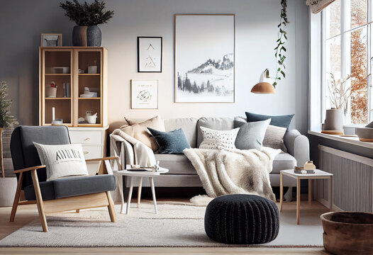 Interior design of a Scandinavian-inspired living room with a cozy long sofa, pillows, home plants, armchair, sleek coffee table and windows | Modern and luxurious living room | Generative Ai