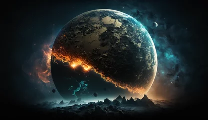 Foto op Plexiglas Volle maan en bomen  地球、太陽、星、銀河のパノラマビュー。地球上の日の出