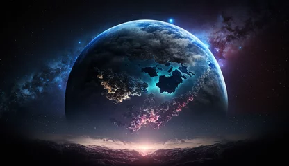Foto op Plexiglas Volle maan en bomen 暗い宇宙空間に浮かぶ夜の惑星地球