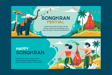 Songkran Festival Banner with People Playing Water in Temple mean Thailand Traditional New Year's Day