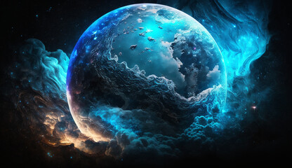 宇宙と銀河の中の青い地球。外光オゾンと白い雲を持つ地球。宇宙惑星と大気圏のコンセプト - obrazy, fototapety, plakaty
