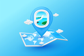 Flight window with location pin blue or Positioning pins on world map paper and cloud for making advertising media about tourism. Travel transport concept. Icon 3D realistic vector Illustration.