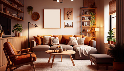 Interior design of a cozy living room with plush furniture, poster frames, warm lighting and soft textures | Modern and luxurious living room | Generative Ai | Indoor décor