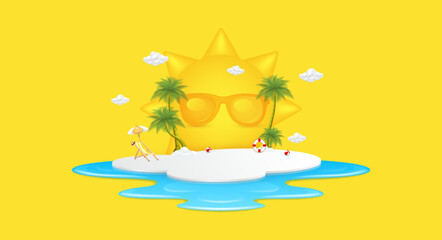 Sun with sea waves. Deck chair sitting beach umbrella, green palm on seaside on white podium with clouds float in the air. For making tourism. Summer vacation travel paradise beach concept. 3D Vector.