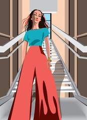vector illustration of young beautiful woman standing on the stairs.