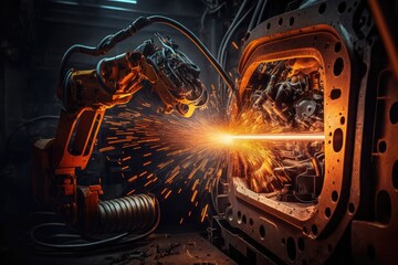 Spot welding robot welding vehicle parts. High tech car production with robotic welding. Generative AI