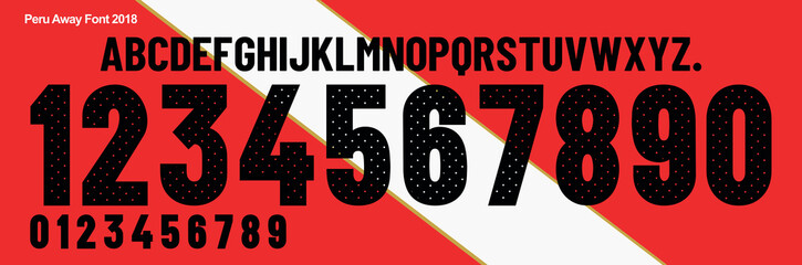 font vector team 2018 kit sport style font. football style font with lines and points inside. guerro player. peru font. sports style letters and numbers for soccer team