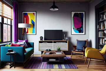 Interior design of a modern and edgy living room with an urban feel, featuring bold colors, contemporary furniture, poster frames and graphic prints | Generative Ai | Indoor décor