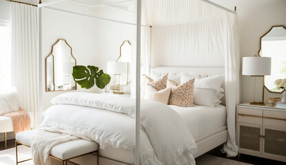 a white bed with a white canopy and pillows