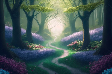Magic spring forest with blooming flowering road fantasy background fairy tale wonderful scene wonder, Generative AI	