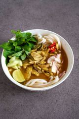 laksa medan, asam laksa is a rice noodle with fish soup, the taste is sour and a little sweet and spicy, topping cucumber,onion, chili.