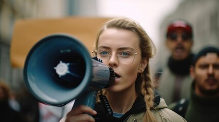 Fototapeta na wymiar Female activist protesting with megaphone during a strike. Generative AI 