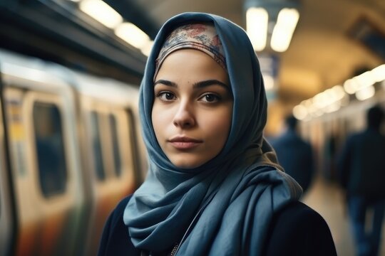 Serious college female student wearing a hijab looking at the camera. at a subway station. generative AI	