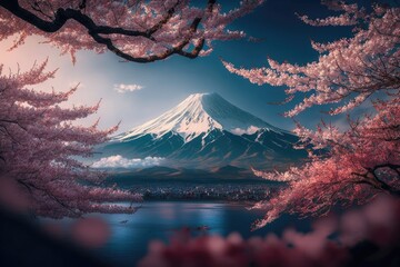 Japan cherry in blossom and mount Fuji. Generative AI - obrazy, fototapety, plakaty