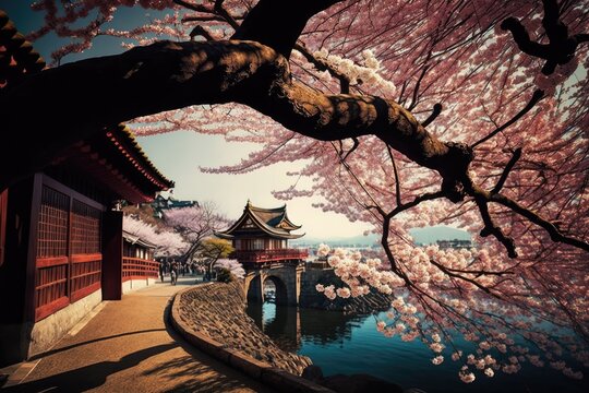 Japan cherry in blossom at lakeside. Generative AI