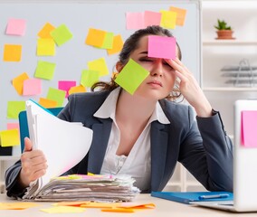 Young female employee in conflicting priorities concept