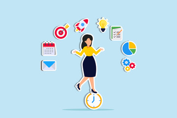 Productive woman, multitasking or time management professional, productivity or entrepreneurship, work efficiency or organize schedule, productive business woman balance on clock managing multitasks. 