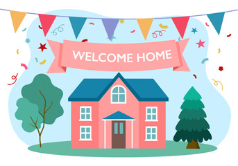 Welcome home celebration in flat design. Cute house with welcoming text.