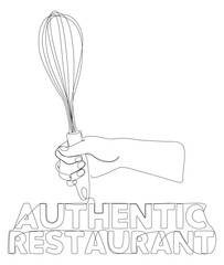 One continuous line of hand holding Kitchen Utensil with Authentic Restaurant text. Thin Line Illustration vector concept. Contour Drawing Creative ideas.