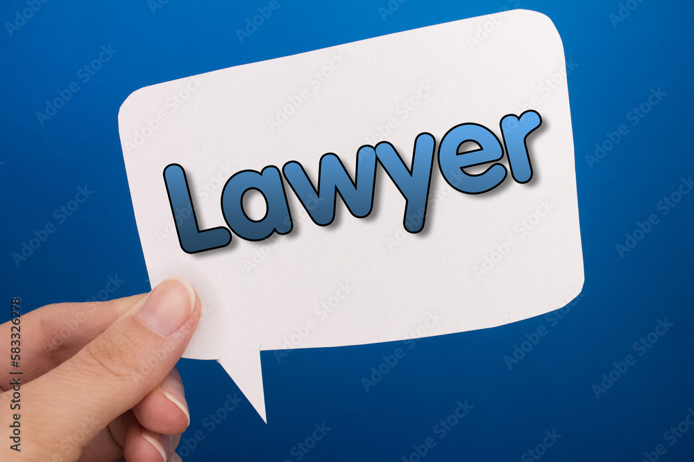Poster speech bubble in front of colored background with lawyer text.