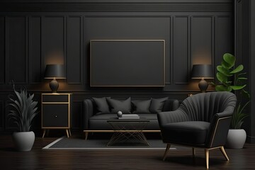 Luxury living room interior with dark hardwood floors and black walls. Dark furniture. Green plants. Copyspace in the middle. Generative AI