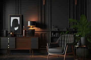 Luxury living room interior with dark hardwood floors and black walls. Dark furniture. Green plants. Copyspace in the middle. Generative AI