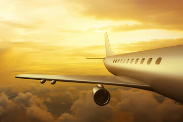 Airplane wing sunset on 3d illustration
