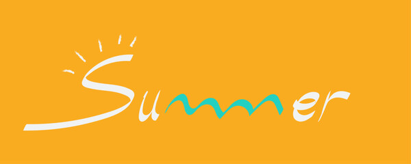 Fototapeta premium Summer word letter calligraphy hand writing text concept in a bright yellow background and water waves - vacation card, june, july, august, beach time, sunny weather illustration