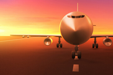 Fototapeta na wymiar Airplane on airport runway sunset 3d illustration