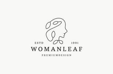 This beautiful woman face logo design template. Hair, girl, leaf symbol. Abstract design concept for salon .