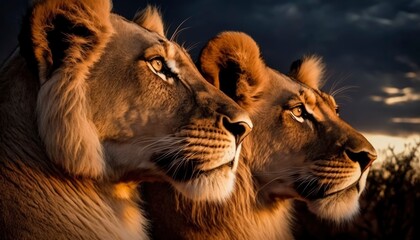 close up portrait of lion head at sunset, golden hour, warm tones, savannah desert, generative ai