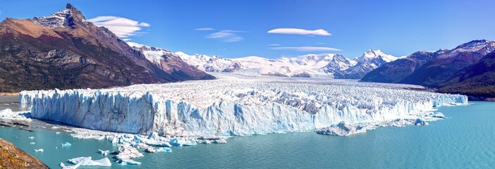 Panoramic Landscape View of Famous Perito Moreno Glacier Ice,  Scenic Los Glaciares National Park, Unesco World Heritage Site Patagonia Argentina
