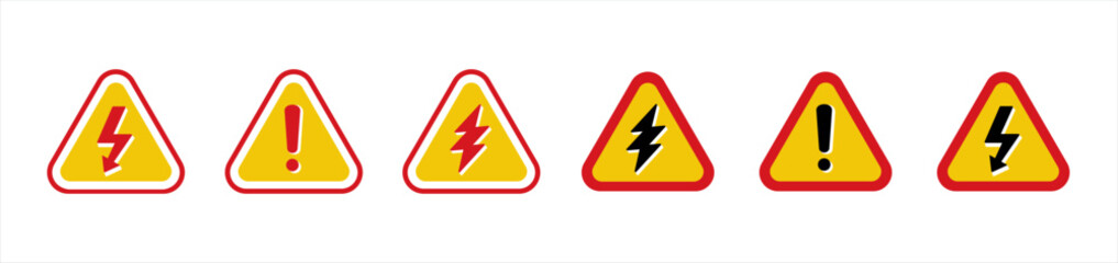 Danger, warning icons. high voltage symbol, lightning, exclamation, caution, warning, risk, attention, alert, mark danger signs, vector illustration