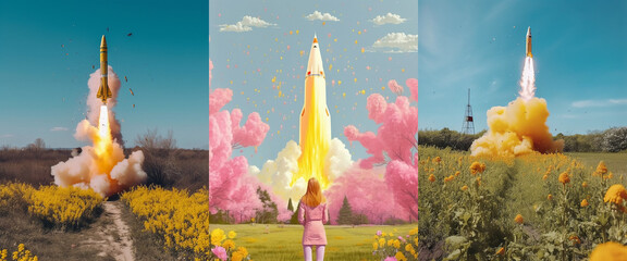 Rocket launch on a spring field, collection